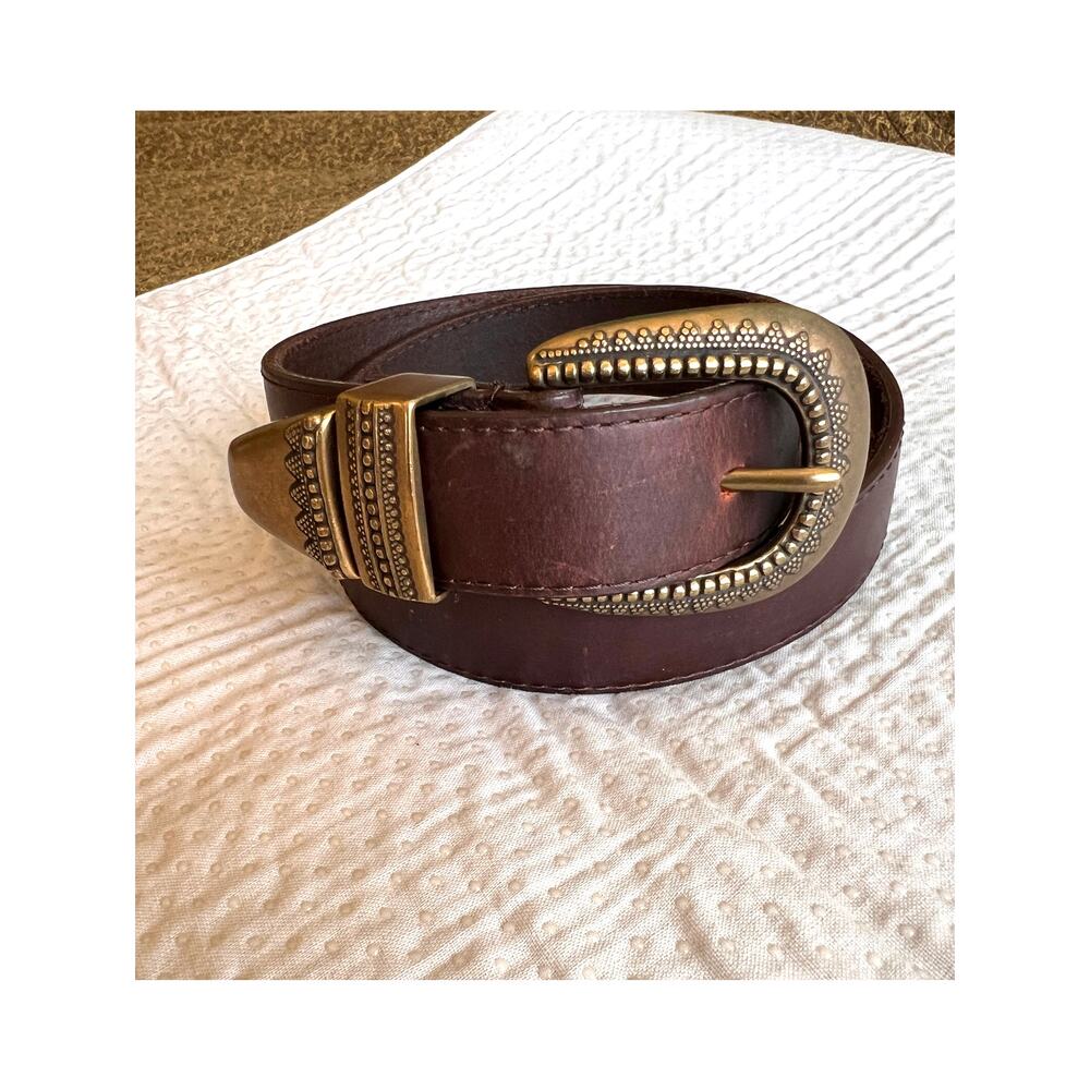 Sonoma brown oil tan leather womens belt ornate brass tone buckle Western boho